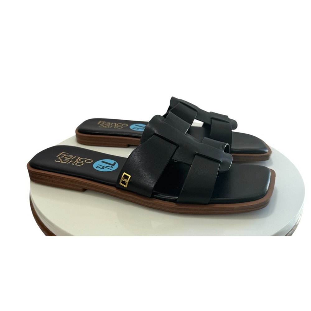Franco Sarto Gretta Black Leather Slide Sandals Woven Basketweave Flat Slip On 7